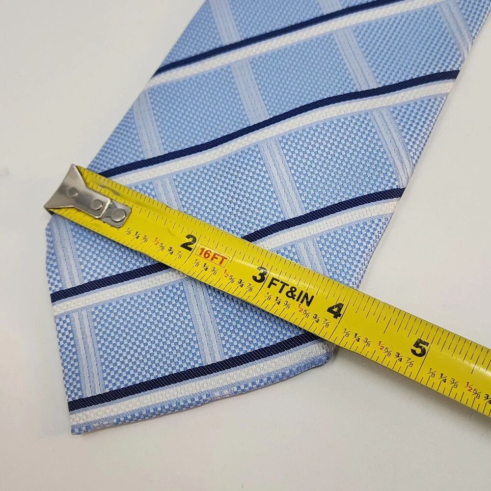 Baoloc Silk Tie Mens One Size Light Blue Navy Stripe 100% Silk Handmade Necktie - Picture 9 of 9